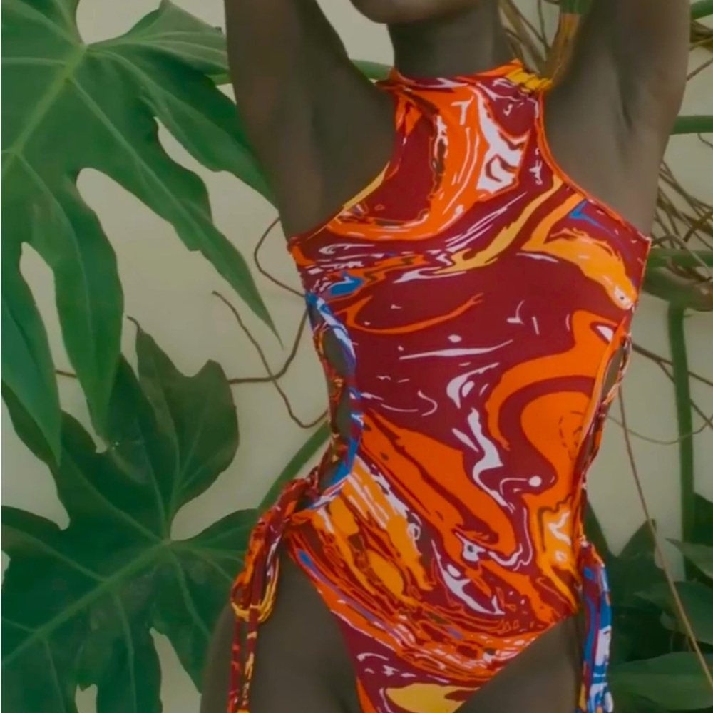Vibrant Orange and Red Swirl One-Piece Swimsuit